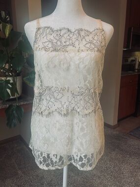 Anthropologie Lace Camisole Top XL Cream Black Sheer Romantic Coquette